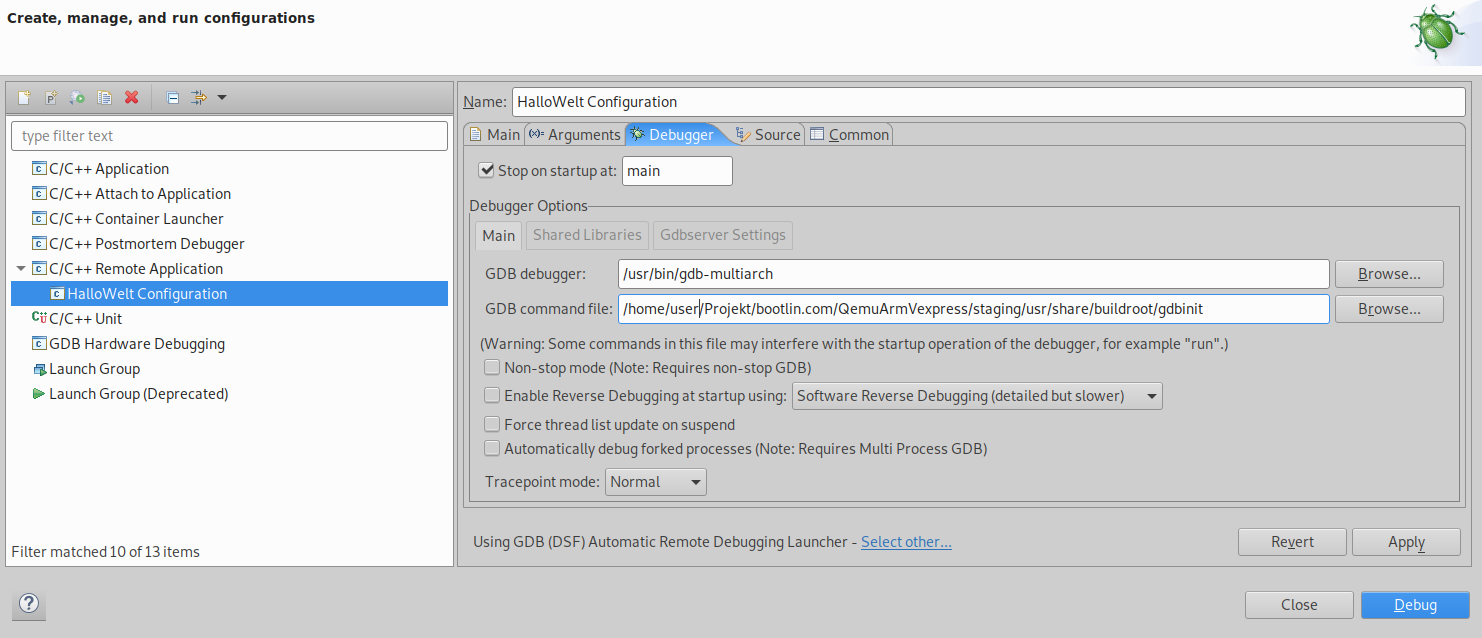 Debug Configuration - Debugger - Main