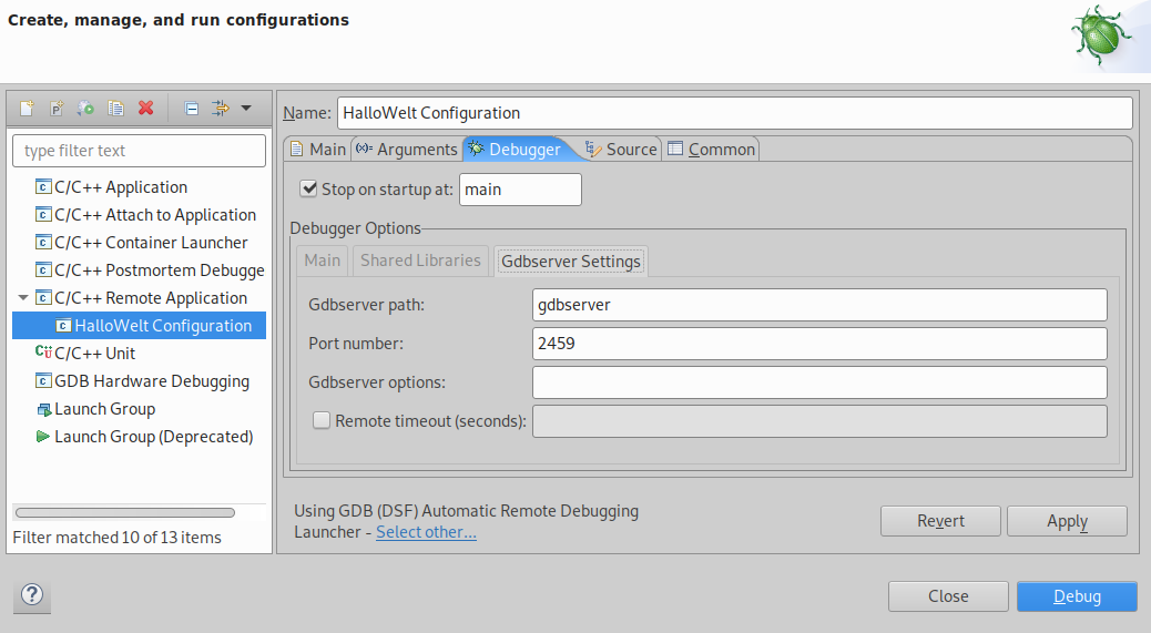 Debug Configuration - Debugger - Gdb-Settings